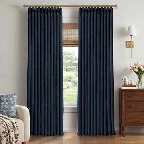 CAPALOCA Navy Blue Pinch Pleated 100% Blackout Curtains 90 Inch Long