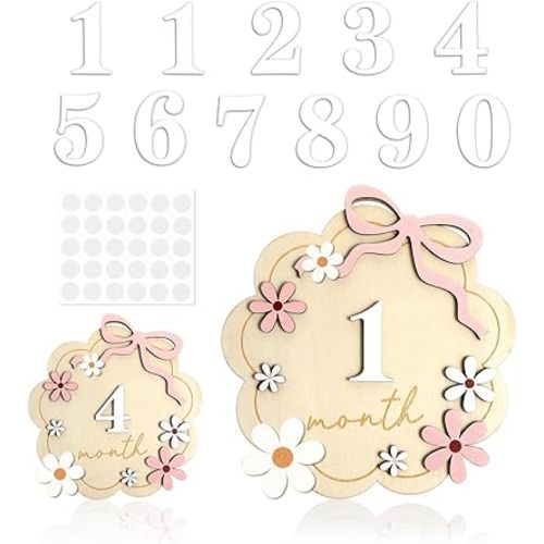 Baby Monthly Milestone Cards,Milestone Wooden Flower with 11 Interchangeable Number in Baby Months Signs for Babys Pregnancy Growth Photo Prop