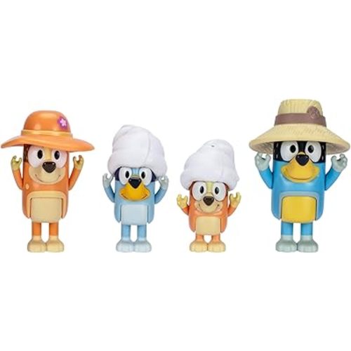 Bluey Figure 4-Packs, Family Trip, 2.5 Inch Poseable, Bingo, Bandit and Chilli, with Accessories, Kids Can Recreate Their Favorite Moments