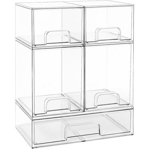 Baby Bottle Organizer Stackable, Acrylic Storage Drawers 5 pack with Non-Slip Pads, Pull-Out Drawers for Baby Bottle, Pump Parts, Pantry, Vanity Countertop (4.4" and 7.6" Tall and 12.1" Wide)