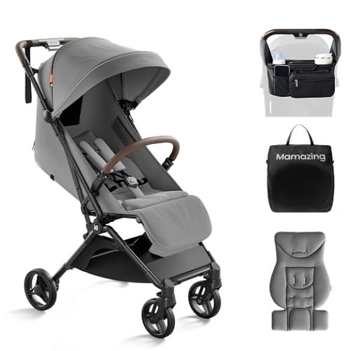 Mamazing Ultra Air Lightweight Baby Travel Stroller with Carbon Fiber Frame | Compact & Airplane-Friendly, One-Handed Fold, 11.6 lbs, UPF50+ Canopy, Under-Seat Basket, Organizer & Cushion Included, Grey