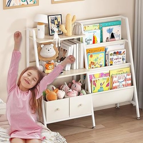 Wisdom Star Kids Bookshelf and Toy Storage, Montessori Toddler Book Shelf with Drawer, Children's, Kids Bookcase with 2 Toy Bins, Toddler Baby Children's Bookshelf, for Nursery Room, Bedroom