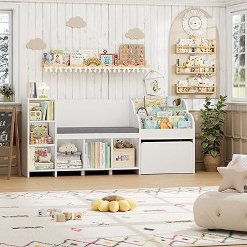 HOSTACK 67" Kids Reading Nook with Bench, Kids Bookshelf and Bookcase with Seat Cushion and 6 Storage Cubbies, Toy Storage Box on Wheels, Toy Chest for Playroom, Bedroom, School, White