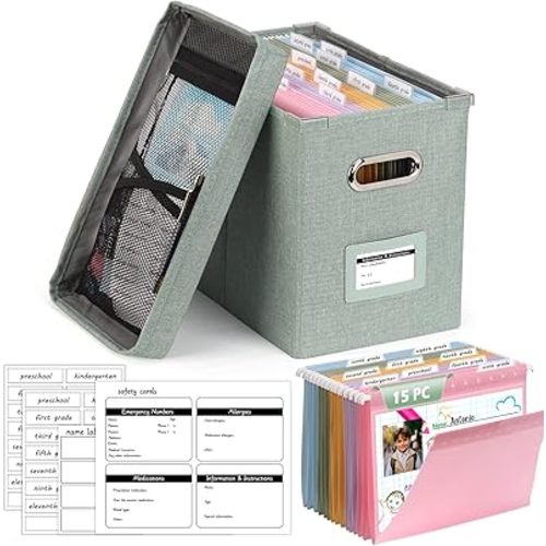 DOSTATNI School Years Organizer Kit K-12 School Years Memory Keeper with 15 Hanging File Folders Plastic 4 different Labels Memory Keepsake Box for kids Storage Pictures File Keeper (Letter Size)