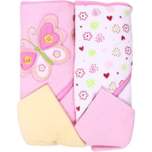 2 Hooded Towel 2 Washcloths Set, Pink Butterfly