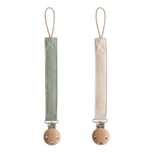 mushie Linen Baby Pacifier Clip Holder (Olive/Shifting Sand)