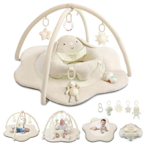 Baby Gym Play Mat, Sitting-Up Babies Seats for Infants,with 5 Detachable Toys, Infant Toddler Activity Tummy Time Playmats for Newborn 0-12 Months, Beige