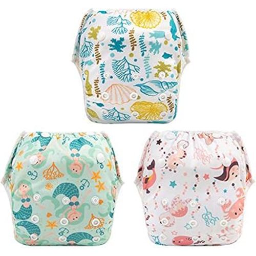 Babygoal Baby Girl Swim Diapers 3 Pack for 0-8 Months Infant, Reusable Adjustable Washable for Swimming Lessons-Seaweed & Sea Crab