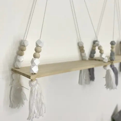 Wooden Shelf - Nordic nursery hanging shelf for kids with tassel and beads — Newest launches keeping up with trending nursery decor styles