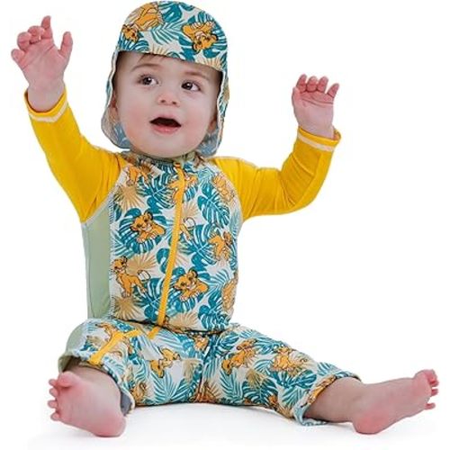 Disney Junior Baby UPF 50+ Sunsuit and Swim Hat Swimwear Set Newborn to Infant Sizes (3-6 Months - 24 Months)