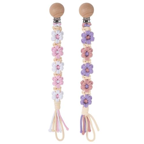 Pacifier Clip for Boys Girls Floral Daisy Macrame Baby Paci Clip Pacifier Holder Leash Boho Wooden Clips Handmade Braided Cotton Binky Clips (2pack:Pink Daisy & Lavender Style B)