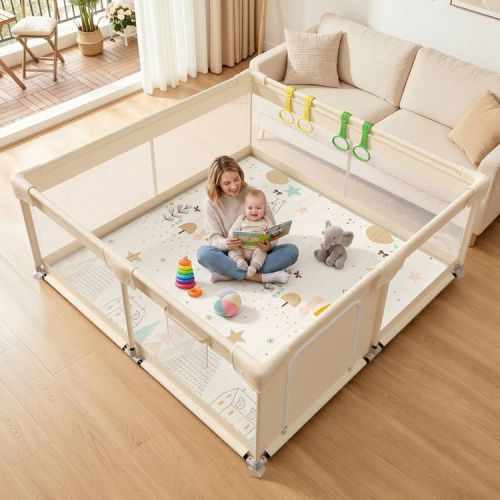 Fodoss Baby Playpen with Mat ，59 x59 In Playpen for Babies and Toddlers, Indoor & Outdoor Activity Center, Safety Baby Fence (yellow, 59*59*26IN)
