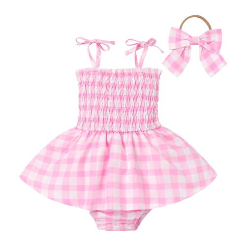 IBTOM CASTLE Toddler Baby Girls Pink Plaid Ruffle Romper Gingham Dress 1st Birthday Outfit Summer Boho Halloween Cosplay Dress up 9-12 Months Pink Romper