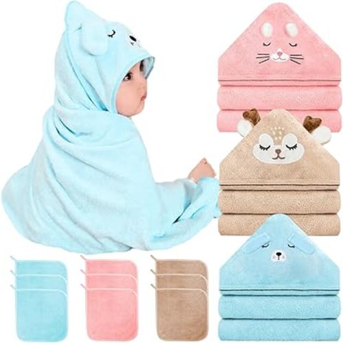 DRUNSPDS Juego de 12 toallas de bebé con capucha, toallas de baño absorbentes de 32 x 32 pulgadas, 3 toallas suaves con capucha y 9 toallas pequeñas, juego de regalo unisex para recién nacidos, bebés