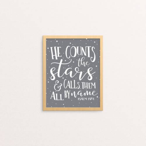 Bible Verse Wall Art | He Counts the Stars & Calls Them All By Name, Psalm 147:4 | Scripture Wall Art | Printable | Christian Wall Art