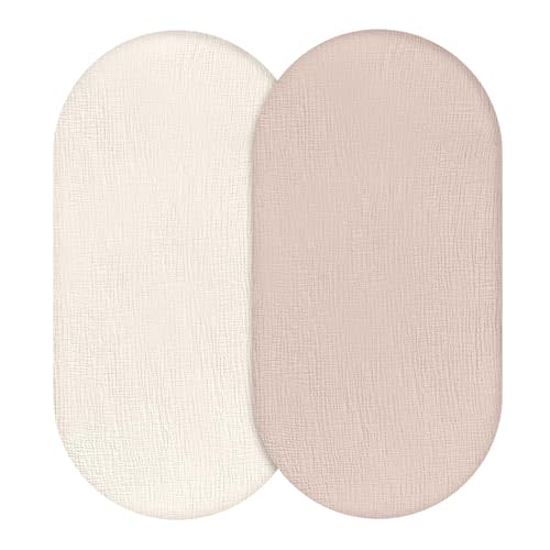 Muslin Bassinet Fitted Sheets, 2 Pack for Baby Boy and Girl, Soft Breathable Stretchy Baby Pad/Mattress Sheet Set, Universal Fit for Hourglass Oval and Rectangle Bassinet Mattress (Gentle Colors)