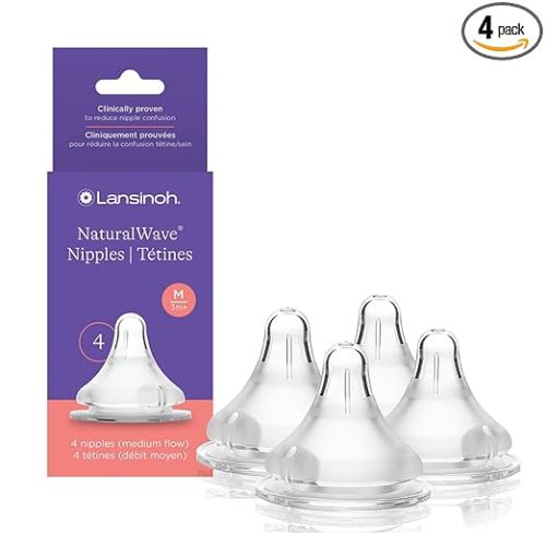 Lansinoh NaturalWave Baby Bottle Nipples, Medium Flow, Size M, 3+ Months, 4 Count 100% Soft, Durable Silicone, Made Without BPA BPS, Anti-Colic, Supports Baby's Developing Mouth and Teeth