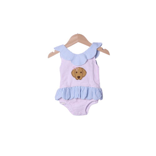 Applique Puppy Pink/Blue Seersucker Swimsuit