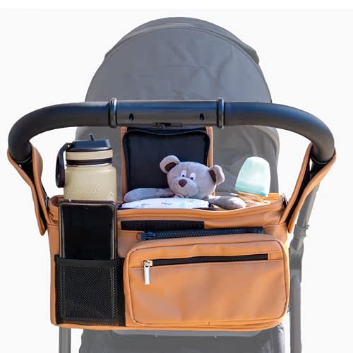 Mama Lubu Vegan Leather Stroller Caddy with Cup Holder, Universal Stroller Organizer with Non-Slip Hooks, Shoulder Strap for UppaBaby, Mockingbird, Nuna, BOB and more