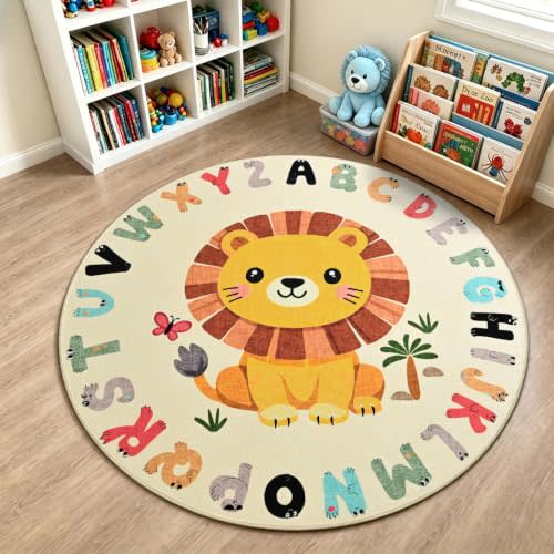 TWINNIS Kids Animal Print Round Rug for Playroom, Alphabet Washable Area Rugs for Boy Girl Baby Toddler Children, 5x5 Cute ABC Mat Play Carpet Nursery Bedroom Decor, Lion