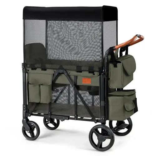 Wagon Stroller for 2 Kids, High Seat & 5 Point Harness, Foldable All-Terrain Wagon for Toddler with Canopy, Parent Organizer, Shoulder Bag, Adjustable Handlebar, Ultimate Double (Green)
