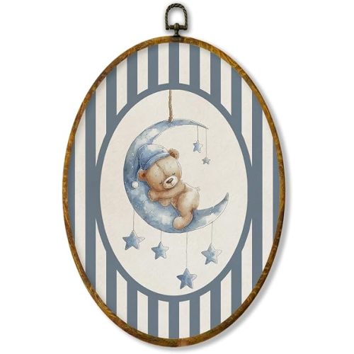 XPH 1252- Blue Bear Nursery Oval Wall Art Framed, Kids Room Oval Wall Decor, Blue Striped Bear Sleeping on Moon Hanging Canvas Prints for Home Kids Boy Nursery Room Bedroom Playroom Decoration, 8.6x11.4 Inch