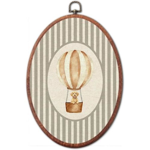Vintage Labradoodle Nursery Oval Wall Art, Hot Air Balloon Canvas Framed