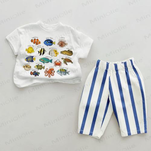 Baby Marine Animals Print Blue Vertical Striped 2-piece Set