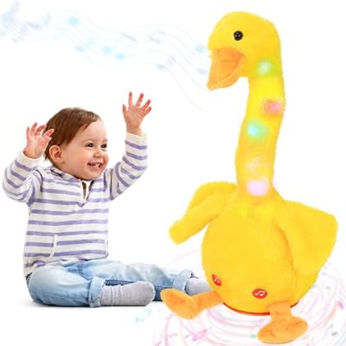 Hopearl Glowing Dancing Duck Toy Repeats What You Say Talking Duckling Toy Wriggle Singing Mimicking Twisting Light Up Interactive Animated Toy Speaking Plush Gift for Kids, Yellow, 13''