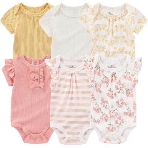 Baby Bodysuit 6 Pack Soft Mixed Ribbed Short Sleeve Romper Infant Boy Girl Clothes Set