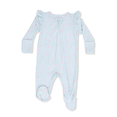 2-Way Zip Ruffle Sleeve Footie, Tiny Cherry Stripe