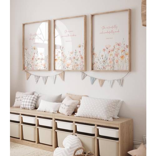 Set Of 3 Wildflower Christian Nursery Prints Little Girl Nursery Wall Art Pastel Floral Scripture Verses Proverbs Psalm Gift For Her Faith