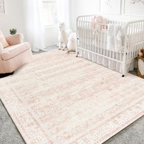 Bungalow Rose Nursery Rug For Baby,Neutral Blush Pink Boho Cute Floral Foldable Machine Washable Soft Faux Wool Carpet Area Rugs | Wayfair