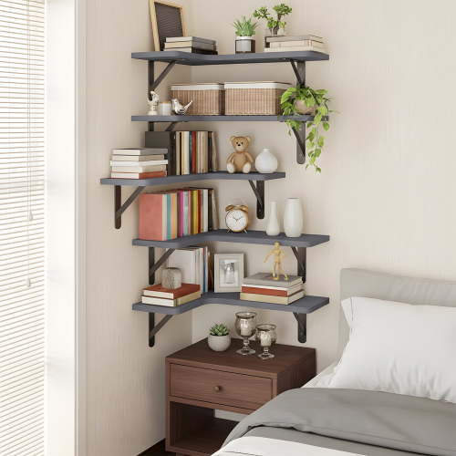 Tomnk Corner Floating Shelves, Set of 5 Rustic Wood Wall Shelves, Gray