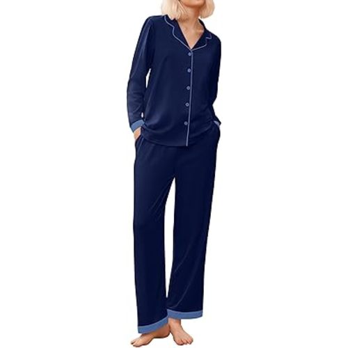 Ekouaer Pajamas for Women Set Long Sleeve Loungewear Soft Button Down Lounge Sets with Pockets Nightwear S-XXL