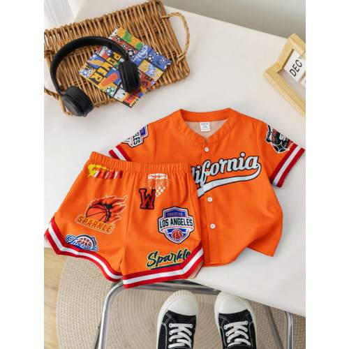 SHEIN Newborn/Infant Unisex Orange,Summer,Street Life Casual Graphic Street Fashion,Beach Letter Contrast Round Neck Short Sleeve Cardigan Shorts 2Pc Outfit