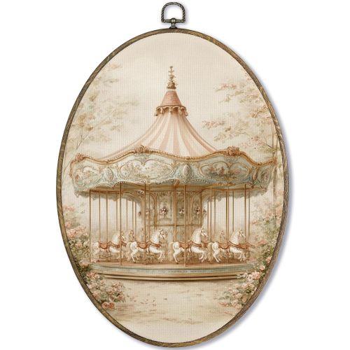 Fewgb Vintage Girls Nursery Carousel Oval Wall Art Decor, Baby Girls Toddler Kids Room Playroom Bedroom Canvas Wall Art Framed Prints, Cottagecore Whimsical Hanging Room Decor Picture Artwork 9x12