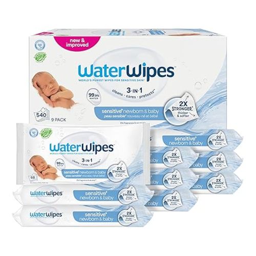 WaterWipes Sensitive+ Newborn & Baby Wipes, 3-In-1 Cleans, Cares, Protects, 99.9% Water, Unscented & Hypoallergenic, 540 Count (9 Packs)