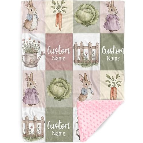 Personalized Baby Blankets for Girls – Custom Name Easter Baby Blanket with Bunny Print, Soft Dot Minky Blanket for Newborns Infants, Ideal for Baby Shower and Easter Gift