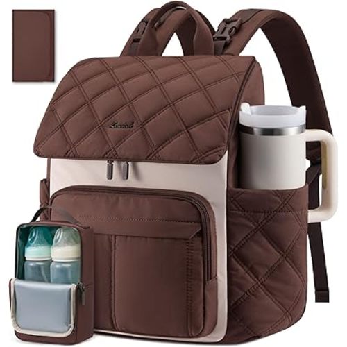 LOVEVOOK Diaper Bag Backpack With Pocket For Large Capacity Cup,Multi-Function Baby Travel Bag For Mom Dad,Waterproof Baby Bag for Boys Girls with Changing Pad,Insulated Bag,Stroller Straps,Brown