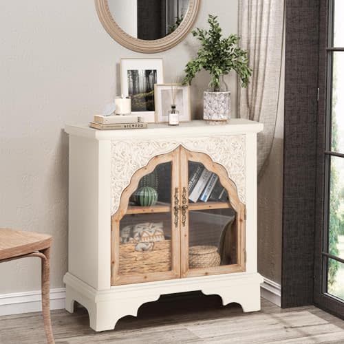 MFSTUDIO Vintage Accent Storage Cabinet with 2 Doors, Mid-Century Wood Storage Cabinet Hollow-Carved Pattern Cabinets, Entryway Display Cabinet for Living Room, Dining Room(Beige Monroe)