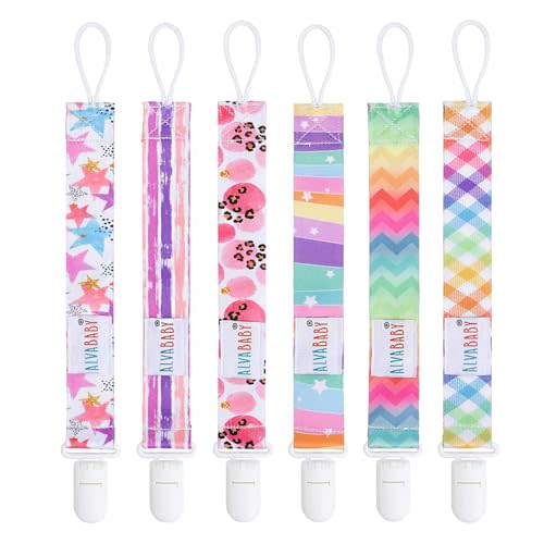 ALVABABY Pacifier Clips 6 Packs Rainbow Paci Clip Holder Leashes for Baby Boys and Girls Fits Most Pacifier,Binkie Styles,Baby Teethers,Toys