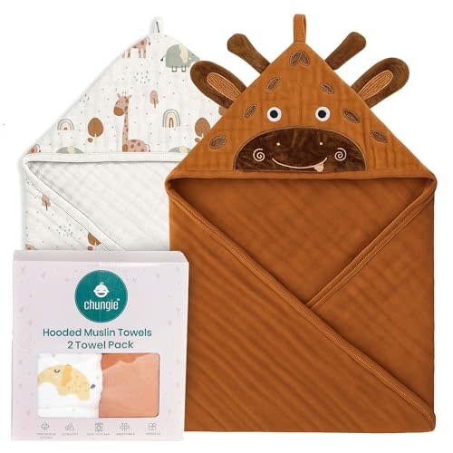 Chungie Soft Muslin Hooded Baby Towels 32x32 inches – 100% Cotton, 6-Layer Breathable Newborn Bath Towels with Hood, Pack of 2 (Printed + Embroidered)