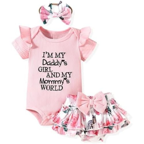 Newborn Baby Girl Romper Dresses Clothes Set Short Sleeve Floral Ruffle Bow Overall Bodysuit Onesie Floral Skirt Hem Outfit