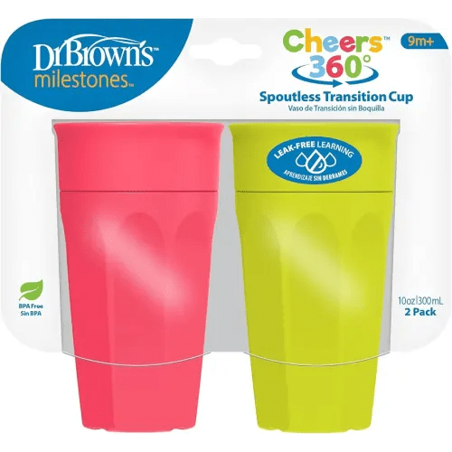 Dr. Brown's Milestones Cheers 360 Spoutless Transition Cup, Travel Friendly and Leak Free Sippy for Babies and Toddlers, Green and Pink, BPA-Free, 10 oz/300 mL, 9m+