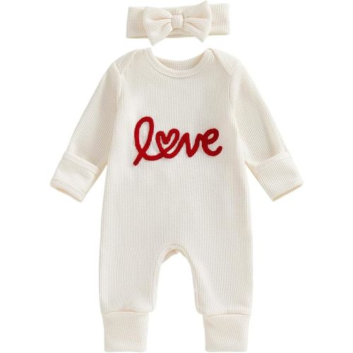 Newborn Baby Girl Valentines Outfit Cute Love Romper Waffle Long Sleeve Ruffle Jumpsuit Infant Girls Spring Clothes