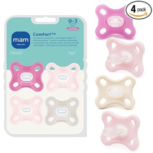 MAM Comfort Baby Pacifier 0-3 Mths Lightweight One-Piece Silicone 4 Pack | Specially For Smaller Newborn Mouths, BPA-Free, Easy To Clean, Best For Breastfed Babies, Made In Europe