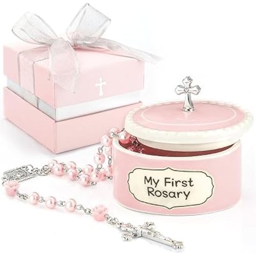 Baptism Gifts for Girl - My First Rosary with Ceramic Keepsake Box, Catholic Christening Gift Set, Pink Rosary for Kids, Baptism, First Communion & Baby Dedication Gifts for Newborn Baby Girls