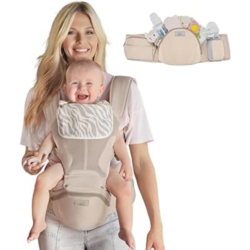 MOMTORY StowNGO Pro Baby Carrier, Safety-Certified 6-in-1 Baby Carrier Newborn to Toddler, Detachable Baby Holder Carrier with Hip Seat, Ergonomic Cozy Baby Body Carrier for 7-50lbs, Khaki