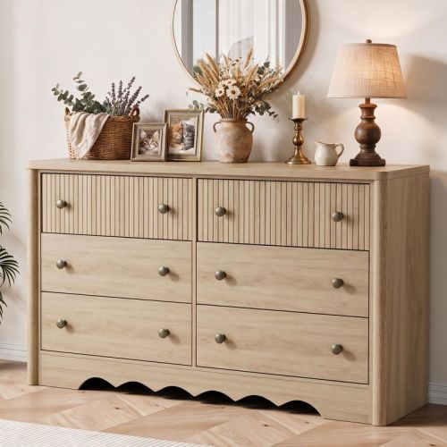 Fluted 6 Dresser for Bedroom, Modern 47.2" Wide 6 Chest of Drawers with Elegant Wave Edge, Wooden Closet Orgainzer for Living Room Nursery, Natural